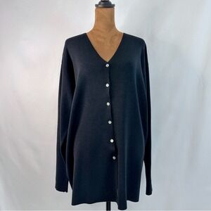 Eileen Fisher Black 100% Wool V-Neck Longline Button Cardigan Size Large